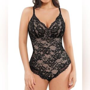 Popilush Shapewear Bodysuit V Neck Tummy Control Backless Lace Tank